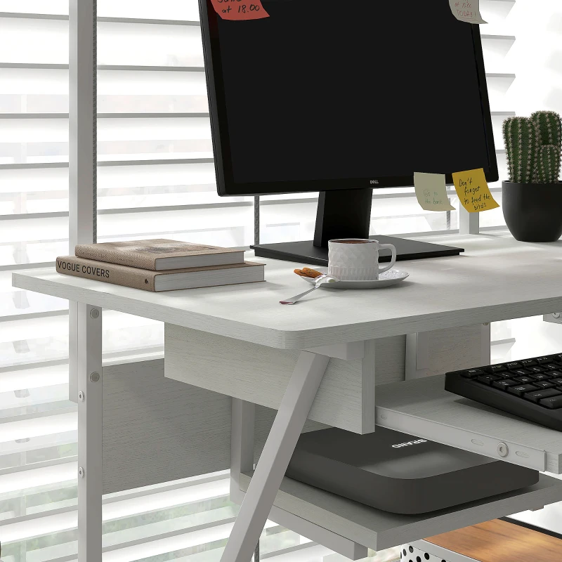 HOMCOM Bureau d'ordinateur roulant avec étagères de rangement, poste de travail et plateau pour clavier, 80x50x130cm, blanc