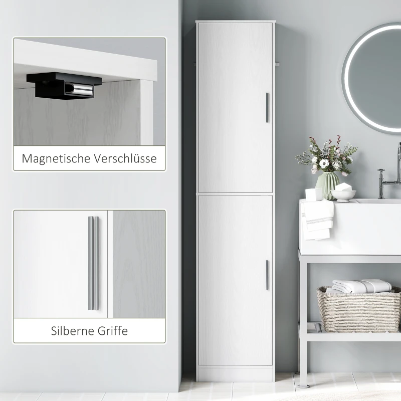 HOMCOM Badkamerkast 180 cm hoog, smalle kast met 2 deuren en 4 verstelbare planken, spaanplaat en MDF, wit