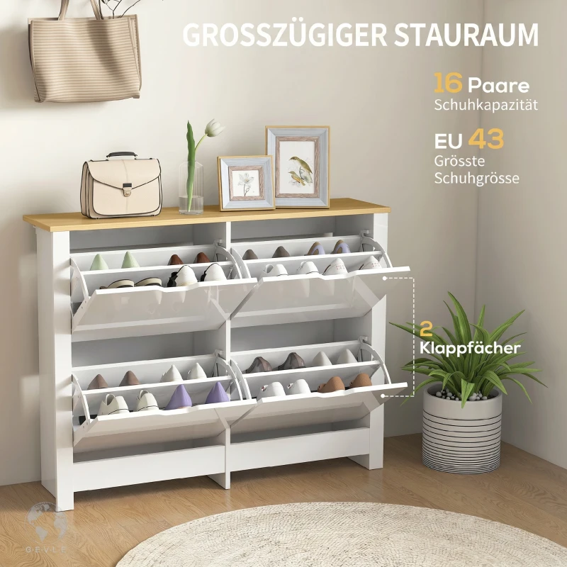 HOMCOM Smalle Schoenenkast met 4 Klapvakken voor 8–16 Paar Schoenen, 105 x 26 x 80 cm, Wit + Natuurlijk hout