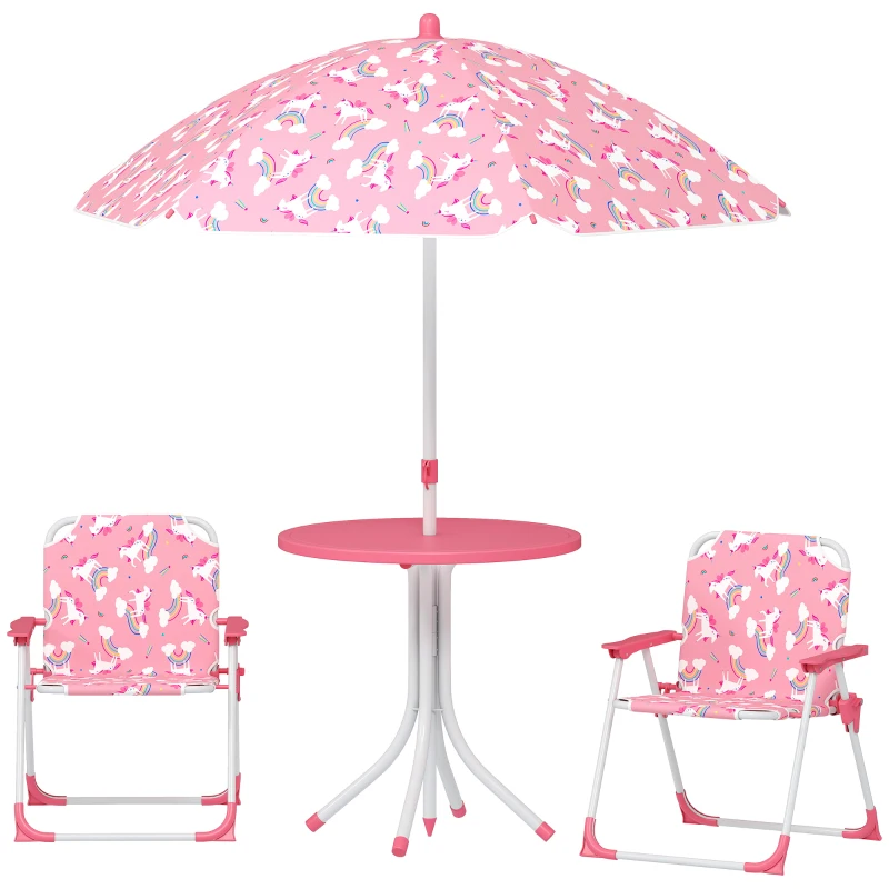 AIYAPLAY Conjunto Infantil de Mesa e Cadeiras de Jardim de 4 Peças Cadeiras Dobráveis Chapéu de Sol Desmontável Design Unicórnios Rosa