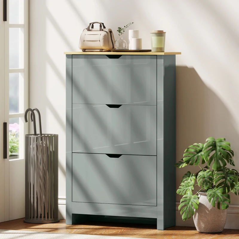 HOMCOM Slim Shoe Cabinet, Narrow Shoe Cupboard with 3 Flip Drawers, Adjustable Shelves for 18 Pairs of Shoes, Light Grey