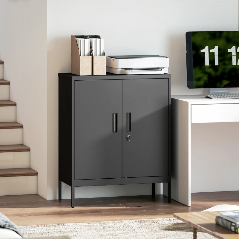 HOMCOM Armoire de Bureau Métallique, 80 x 40 x 100 cm, Meuble de Rangement, Serrure, 2 Portes et 2 Étagères Réglables, Noir