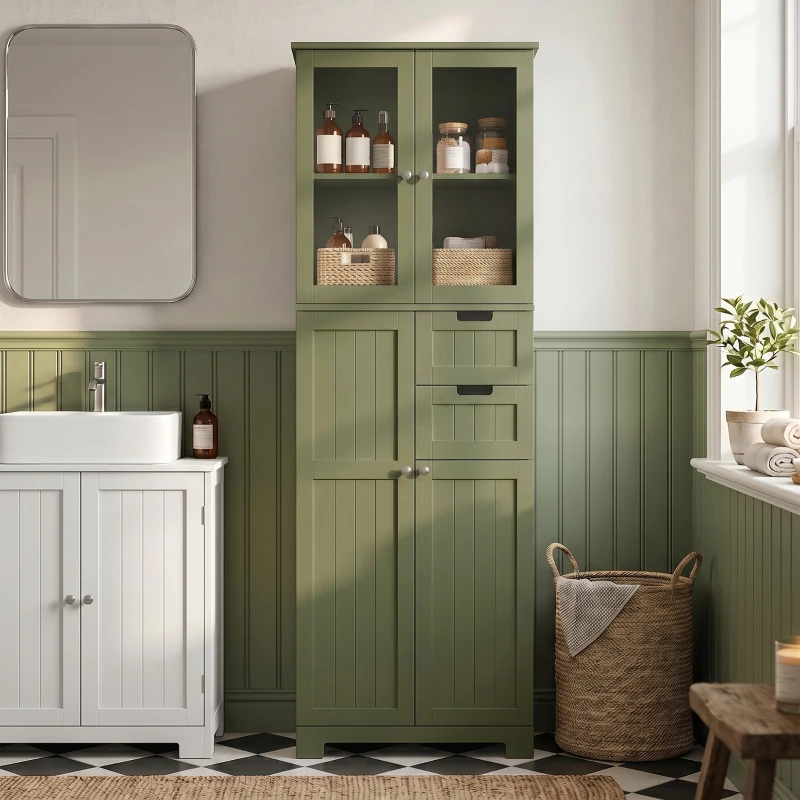 HOMCOM Meuble haut de rangement, armoire avec portes vitrées et étagères réglables pour salle de bain, cuisine, salon, vert