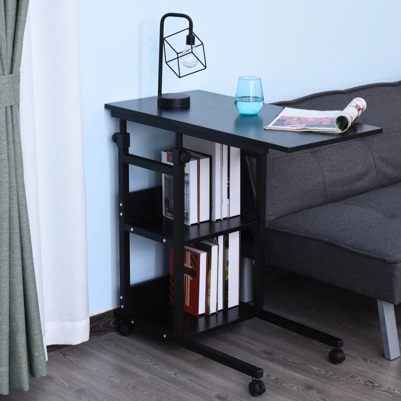 HOMCOM Table d'appoint Bout de canapé Table roulante Table de Lit pour Ordinateur Portable Hauteur réglable - 2 étagères intégrées - cadre métal Noir