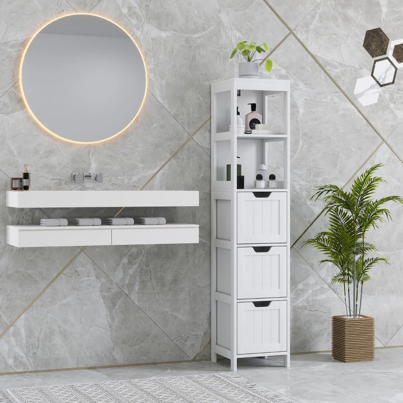 HOMCOM Badkamerkast met 3 Laden en 2 Open Schappen, Smalle Opbergkast voor Kleine Badkamer, Waterafstotend Materiaal, Wit