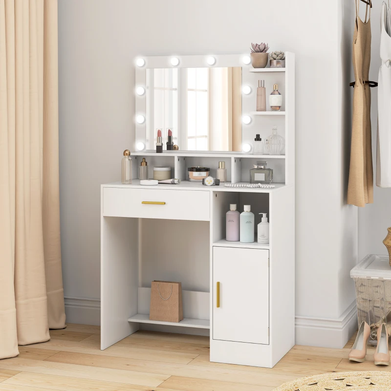 HOMCOM Coiffeuse avec miroir et 10 lumières LED, luminosité réglable, tiroir, placard et étagères ouvertes, 80x40x135cm, blanc