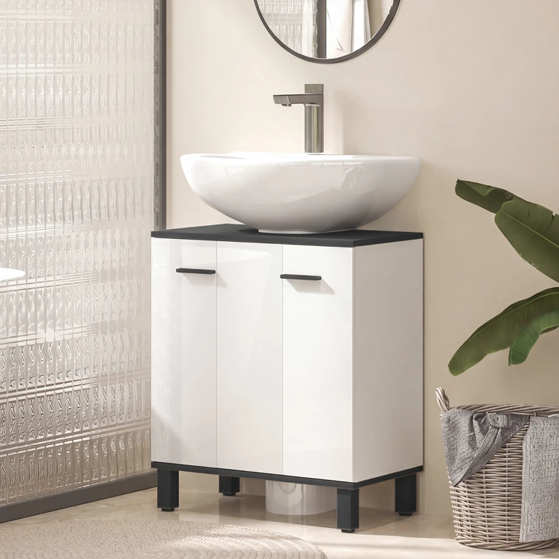 HOMCOM Mueble Bajo Lavabo con 2 Puertas y Estante Ajustable para Lavabo con o sin Pedestal 60x34x70 cm Blanco Brillo