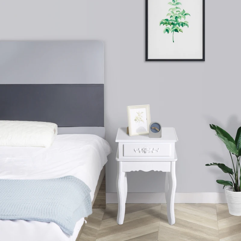 HOMCOM Mesita de Noche con 1 Cajón Mesa Auxiliar de Madera para Dormitorio Salón Estilo Moderno 40x35x60 cm Blanco