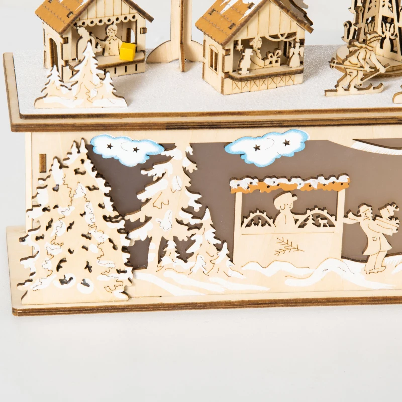HOMCOM kerstdecoratie, besneeuwd kerstdorp, 10 LED's, warm wit licht, hout, 45 x 10 x 25 cm