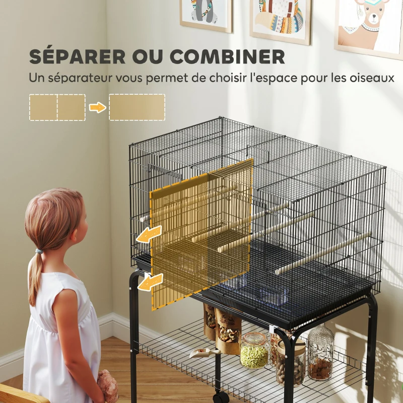 PawHut Cage à Oiseaux Volière Intérieur Acier avec Séparateur, 4 Perchoirs, Plateau Coulissant, 4 Mangeoires, 76x46x116cm, Noir