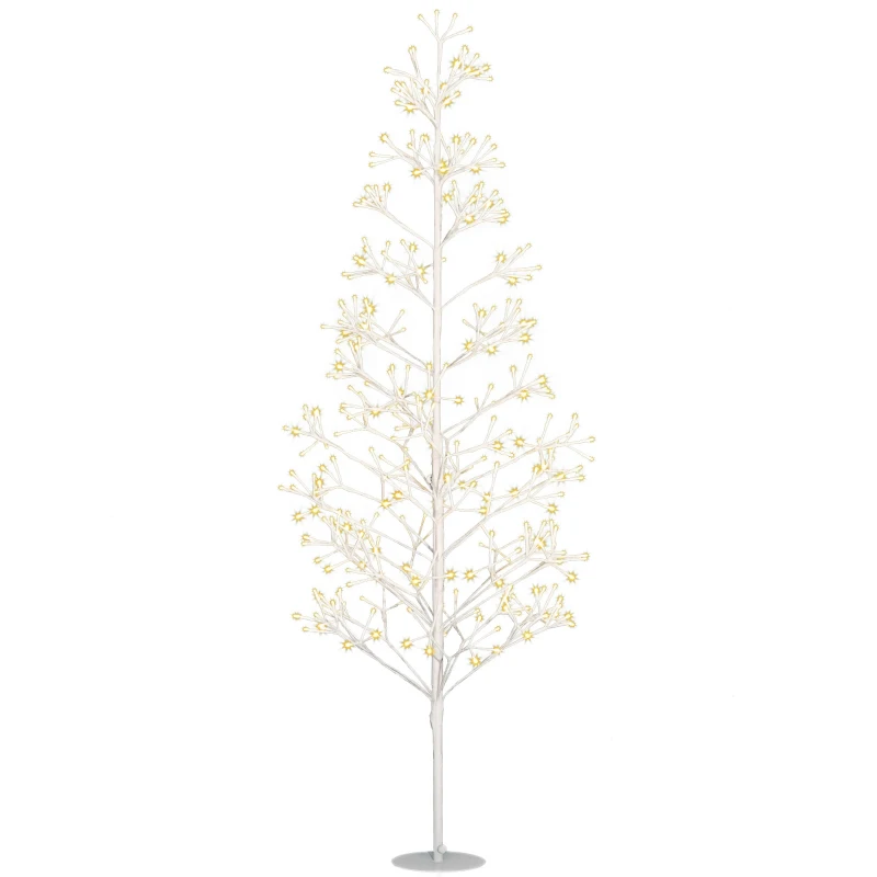 HOMCOM Sapin de Noël artificiel 180 cm avec 384 LED blanc chaud, branches flexibles, base en acier, blanc