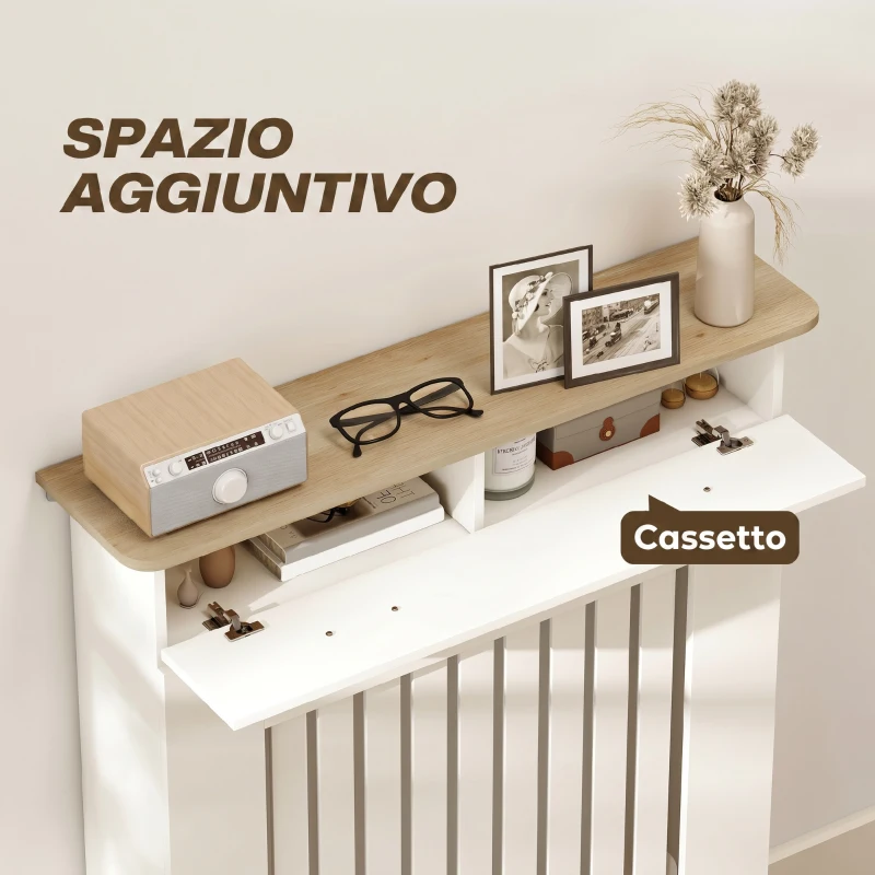 HOMCOM Copritermosifone a Doghe Antiribaltamento con Cassetto, in Legno, 78x19x97 cm, Bianco