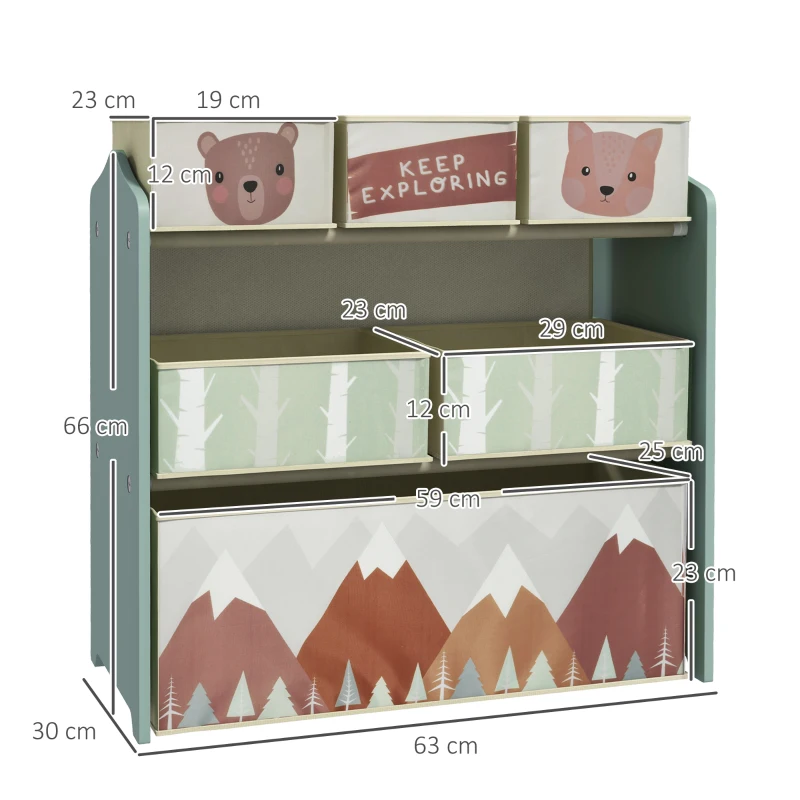 ZONEKIZ kinderskast met 6 stofboxen, schattig motief, 63x30x66 cm, Grün(m-3)