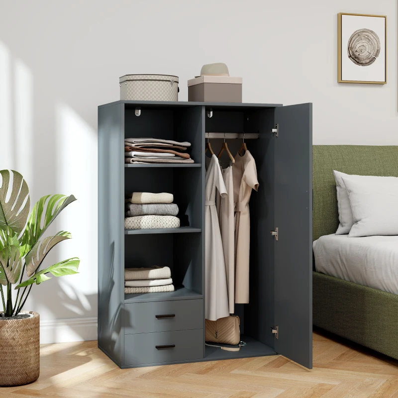 HOMCOM Armadio Moderno con 2 Cassetti, Ripiani Aperti e Vano Appendiabiti, 80x50x124 cm, Grigio Scuro
