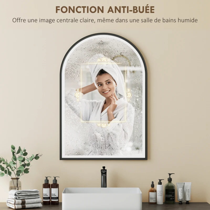 HOMCOM Miroir salle de bain avec éclairage 50 x 70 cm, miroir LED arqué, anti-buée, 3 couleurs lumière, dimmable, mémoire, noir
