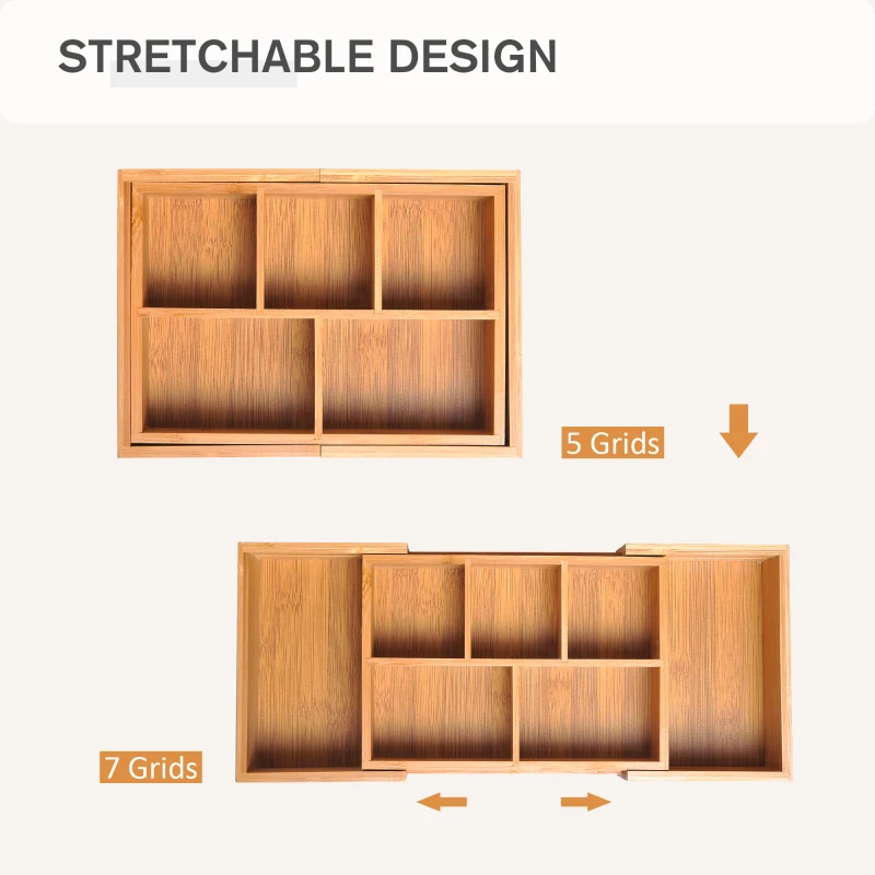 HOMCOM Extendable Drawer Organiser Tray Drawer Inserts Storage Holder Dividers 24.6-41cm, Natural bamboo Colour