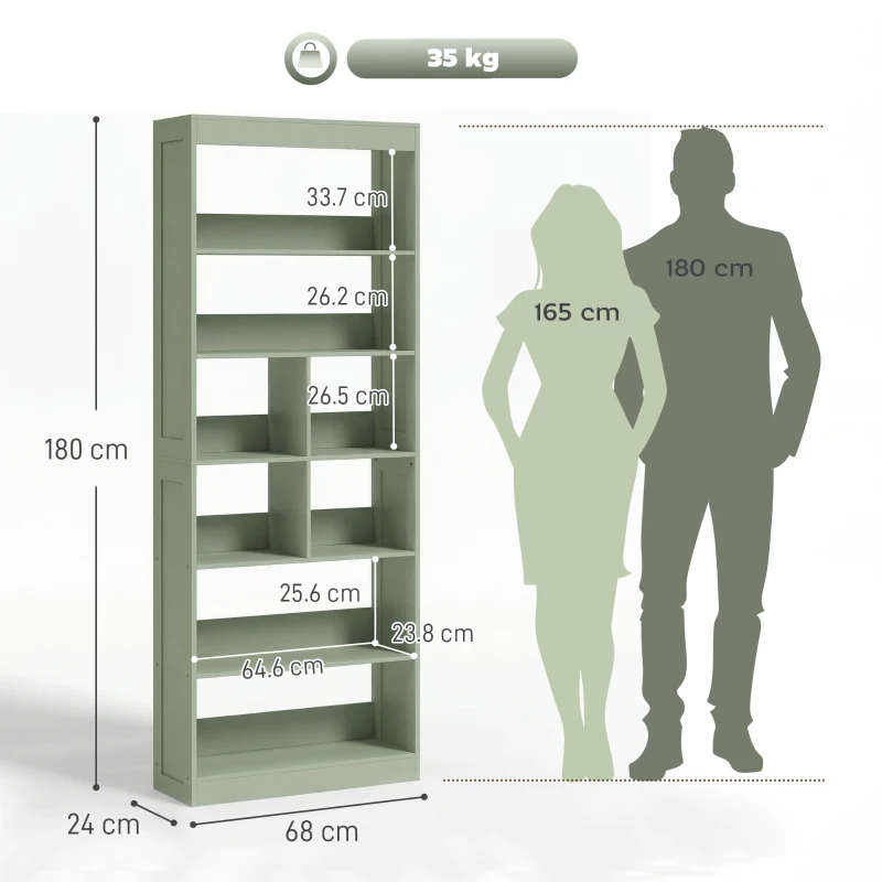 HOMCOM Bookcase, 6-Tier Bookshelf with Open Storage Shelves, Cubes, 180 cm Tall Display Shelf with Anti-Tipping Design, Green