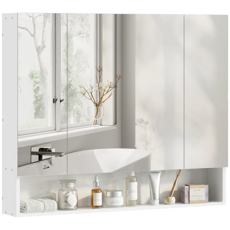 kleankin Armoire murale salle de bain avec miroir, armoire de toilette 3 portes miroir, étagères réglables, 90x15x75cm, blanc