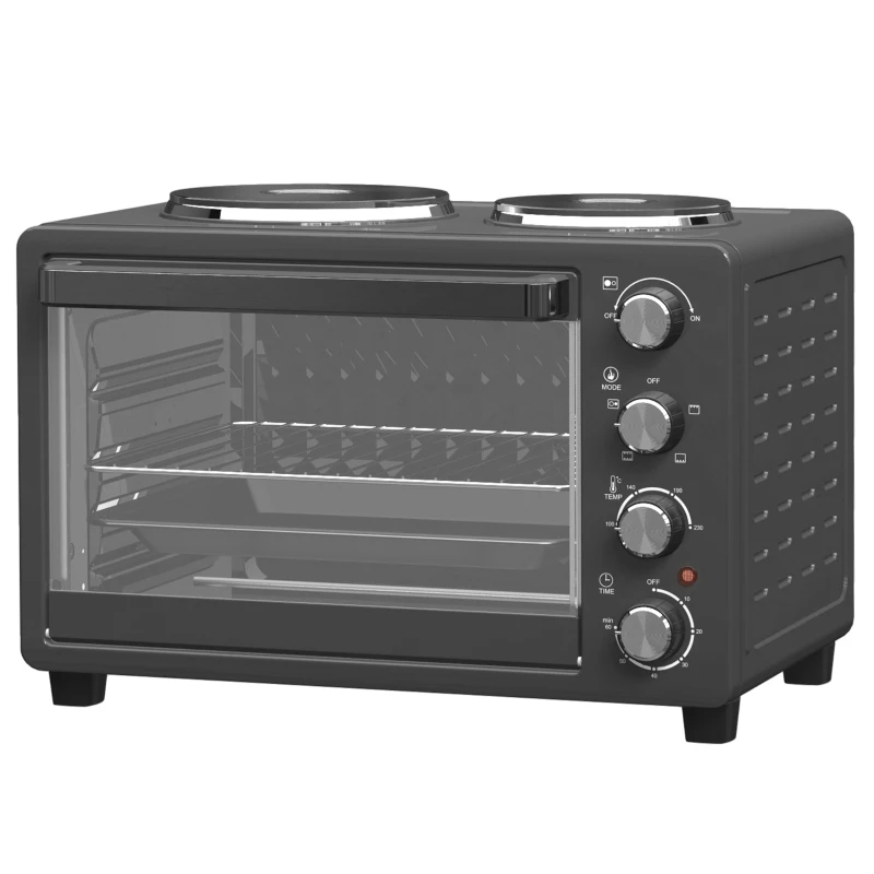 HOMCOM 28L Toaster Oven with Double Hotplate, 1600W Countertop MIni Oven with 60 Minute Timer & 230°C Temp Control, Baking Tray & Wire Rack, Black