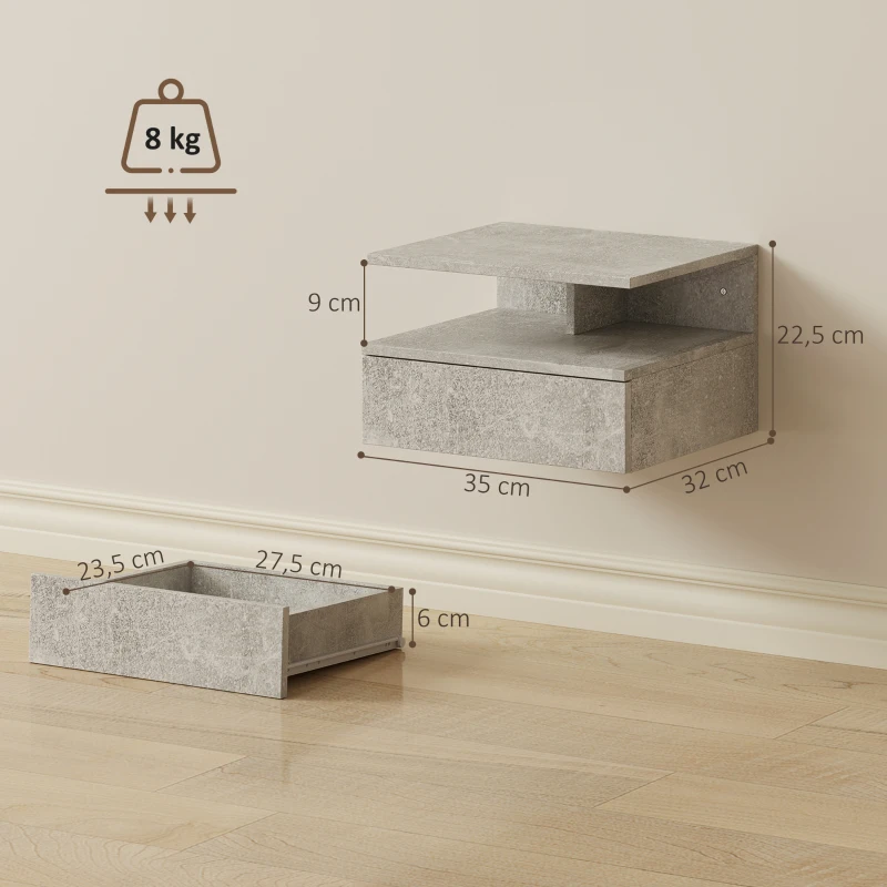 HOMCOM Juego de 2 Mesitas de Noche Flotantes con Cajón Montado en la Pared 35x32x22,5 cm Gris Cemento