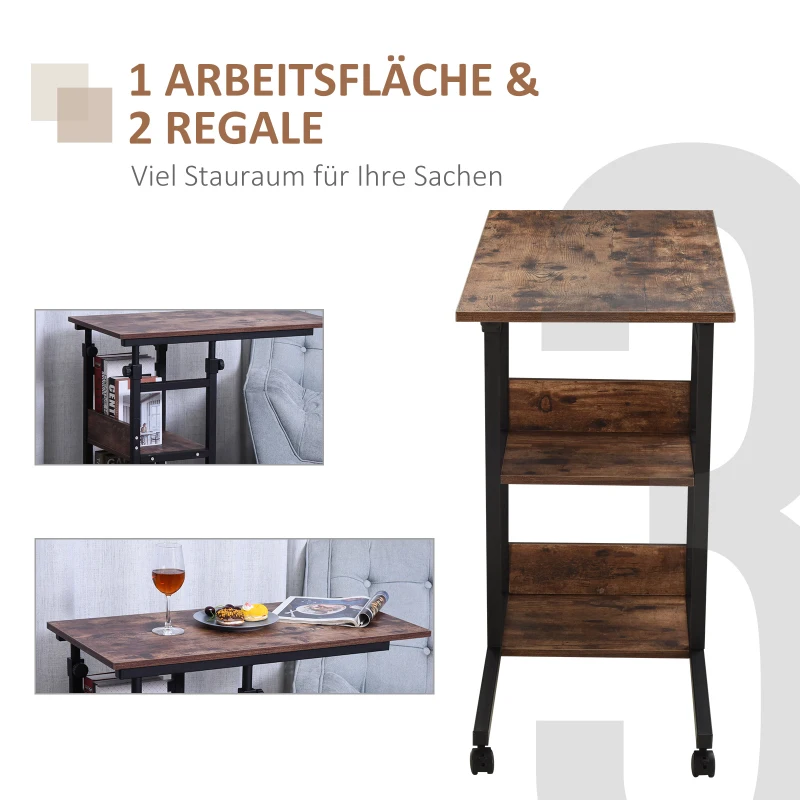 HOMCOM Bijzettafel op wielen, met 4 planken, in hoogte verstelbaar, salontafel, zwart