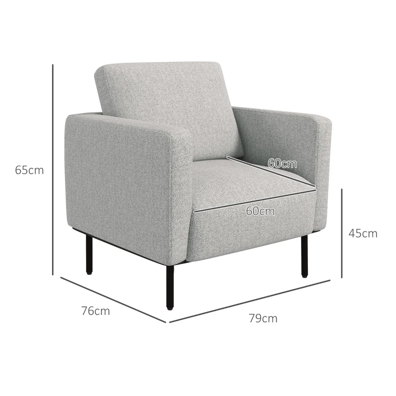 HOMCOM Fotoliu decorativ din material textil cu efect de in, respirabil, cu picioare din oțel, 79x76x65 cm, gri