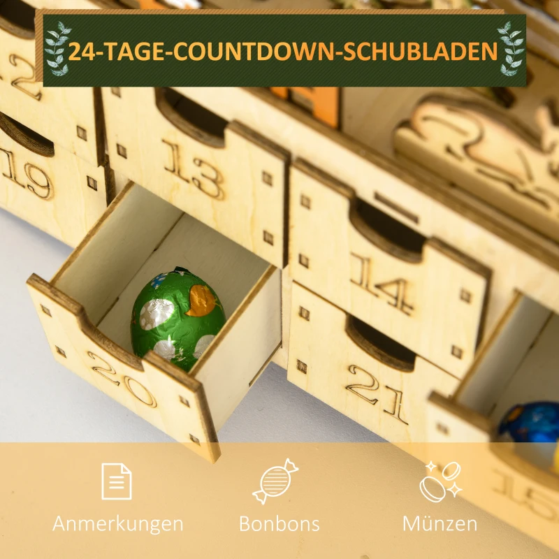 HOMCOM Adventskalender om te vullen 24 lades vakjes kerstkalender met LED-lichtjes natuurhout 36 x 9 x 52 cm