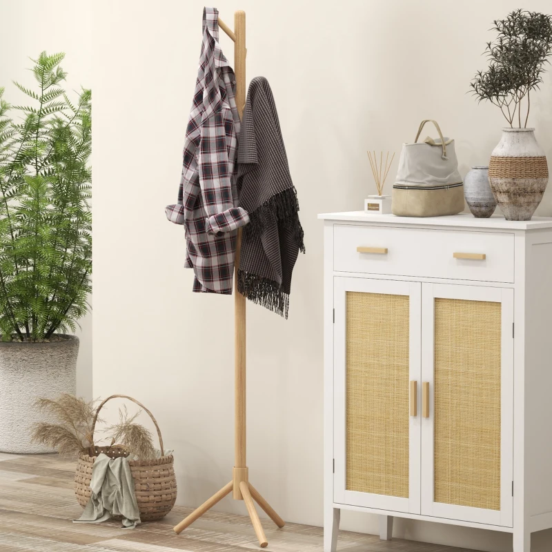 HOMCOM Perchero de Pie de Madera Forma de Árbol con 8 Ganchos para Colgar Ropa Bolsos en Pasillo Entrada 40x40x165 cm Natural