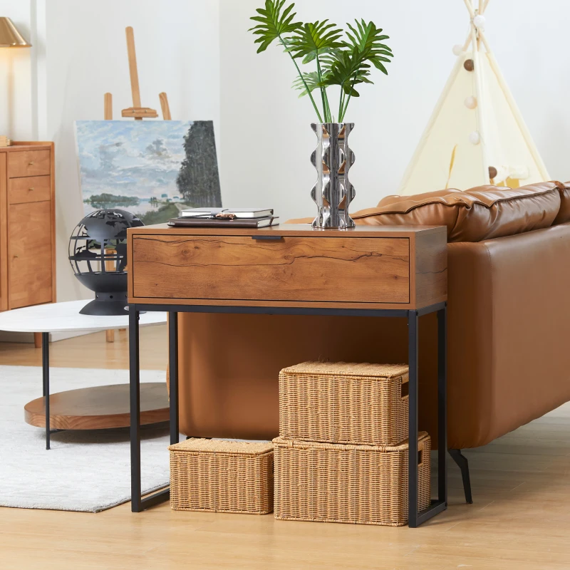 HOMCOM Consolle da Ingresso Minimal con Cassetto, in Legno e Acciaio, 80x30x76 cm, Color Legno e Nero