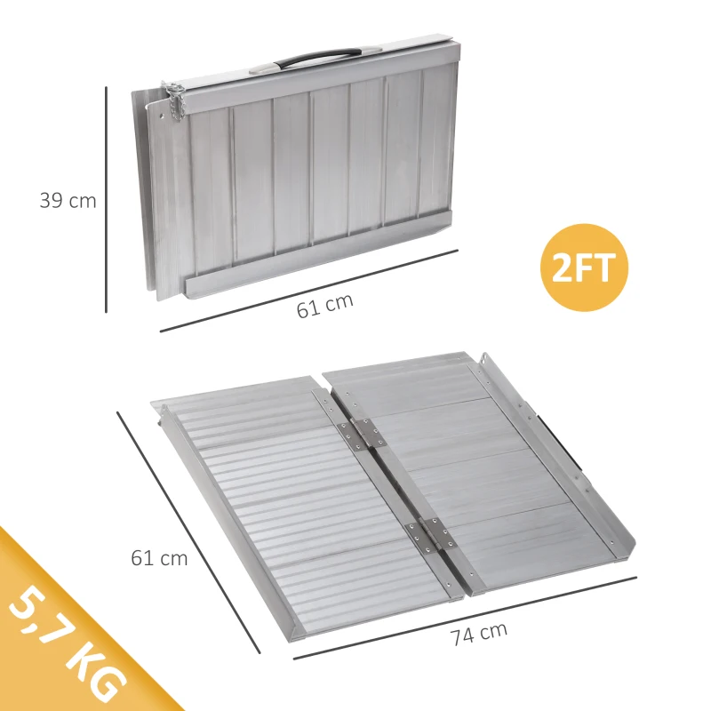 HOMCOM Rampa para Sillas de Ruedas Plegable 61 cm Carga 270 kg Rampa Portátil de Aluminio con Bordes de Seguridad Plata