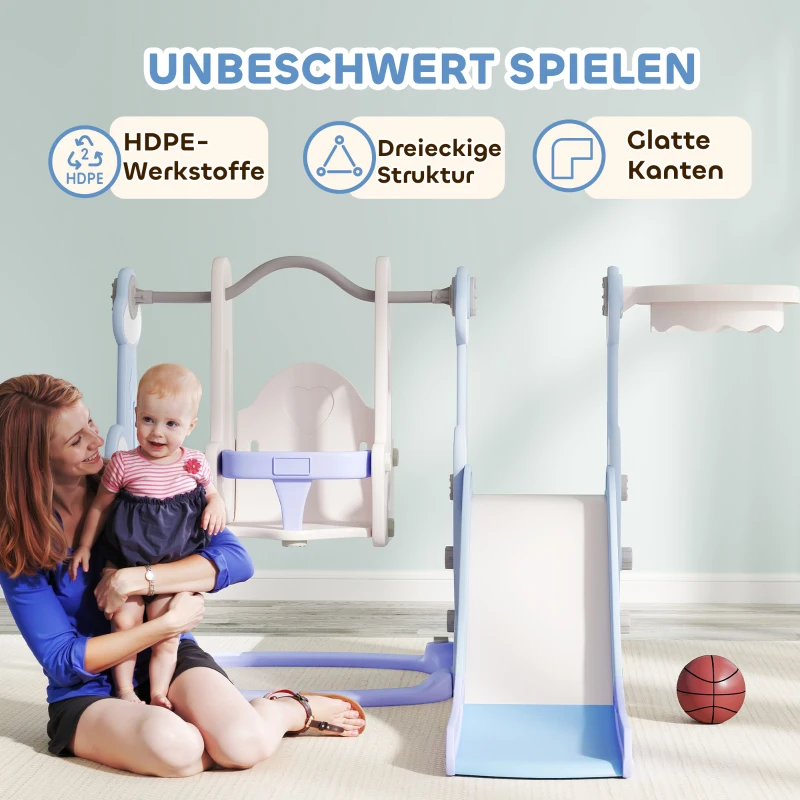 AIYAPLAY 4-in-1 Binnenspeelplaats, Glij- en Schommelset voor Peuters, Basketbalring, Raketontwerp, Kunststof, Lichtblauw