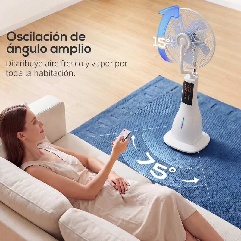 HOMCOM Ventilador Nebulizador 90W Oscilación de 75° 3 Velocidades 5 Aspas Depósito de Agua de 3L 5 Ruedas Control Remoto