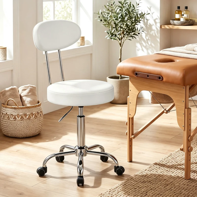 HOMCOM Tabouret à roulettes pivotant hauteur réglable en cuir synthétique avec dossier pour spa bureau tatouages Blanc