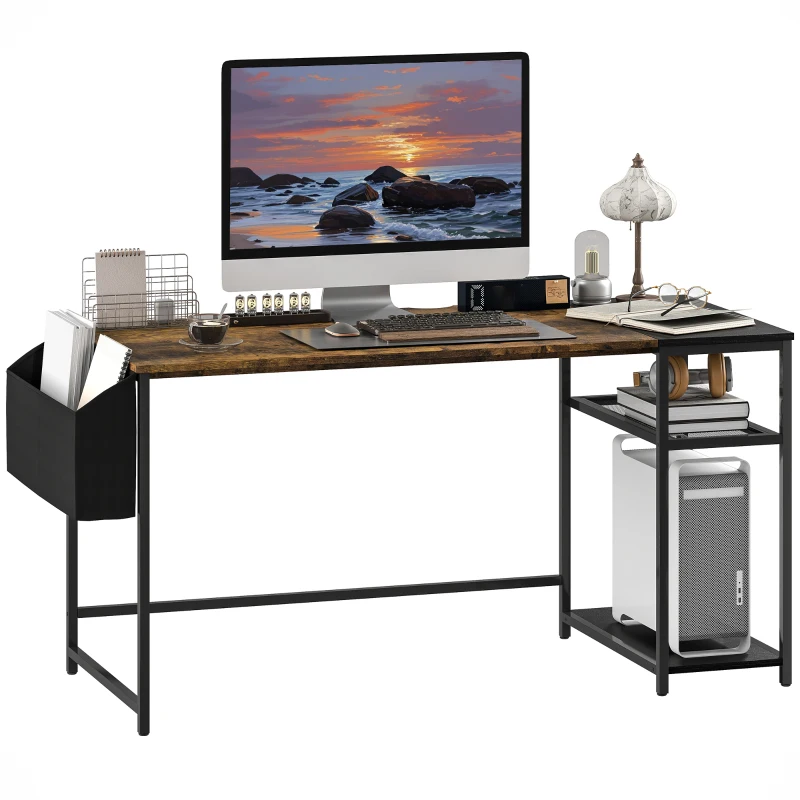 HOMCOM Bureau d'ordinateur 150 x 60 cm avec étagères de rangement réversibles et sac en tissu, pour petits espaces, marron