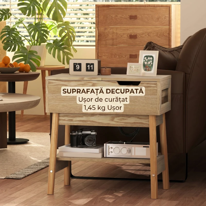HOMCOM Măsuță de cafea în stil Boho cu raft ascuns și raft deschis, din MDF, 30x60x60,5 cm, culoare lemn