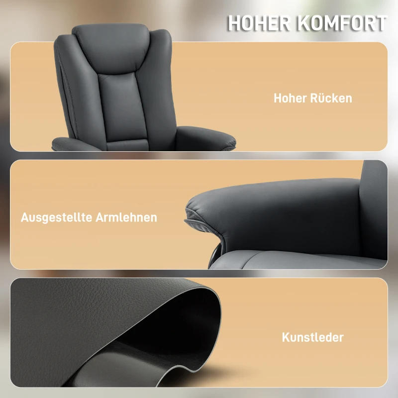HOMCOM Relaxfauteuil met ligfunctie, draaibaar, tot 150 kg, kunstleer bekleding, stalen frame, donkergrijs(m-7)