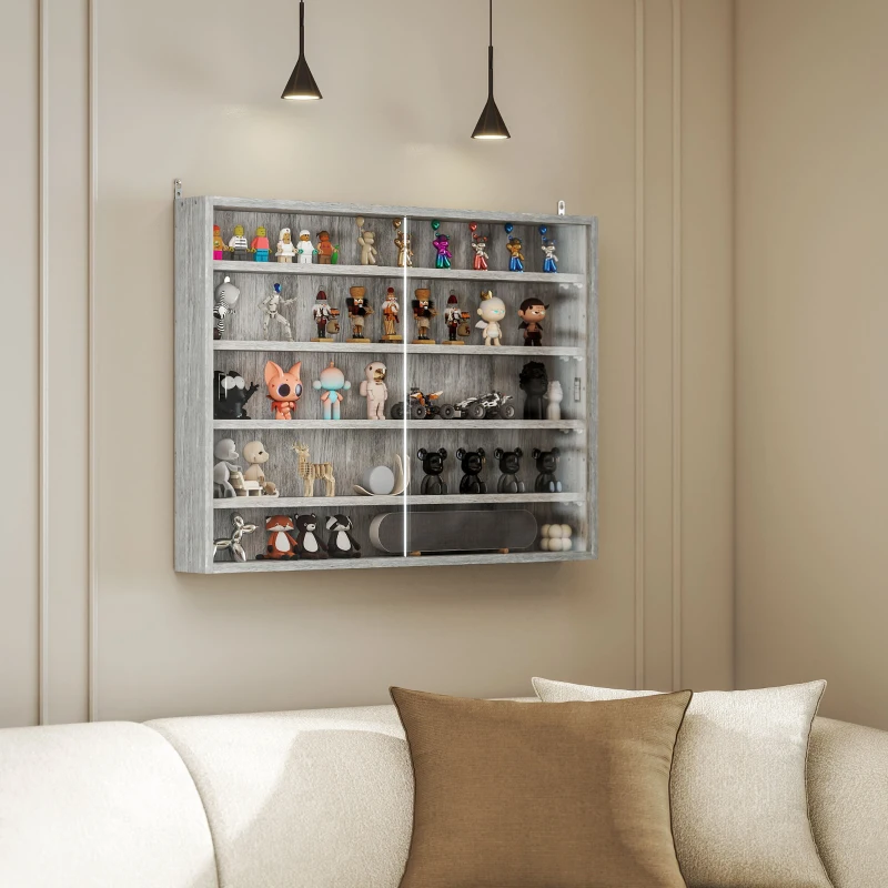 HOMCOM Vitrine murale pour objets de collection 4 étagère réglables en hauteur et 2 portes coulissantes 80 x 9,5 x 60 cm gris