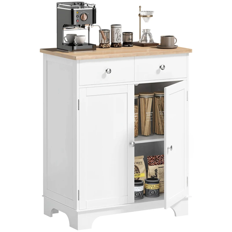 HOMCOM Sideboard, Tischplatte aus Kautschukholz, 2 Schubladen, versetzbarer Einlegeboden, weiß, 68 x 40,3 x 85cm