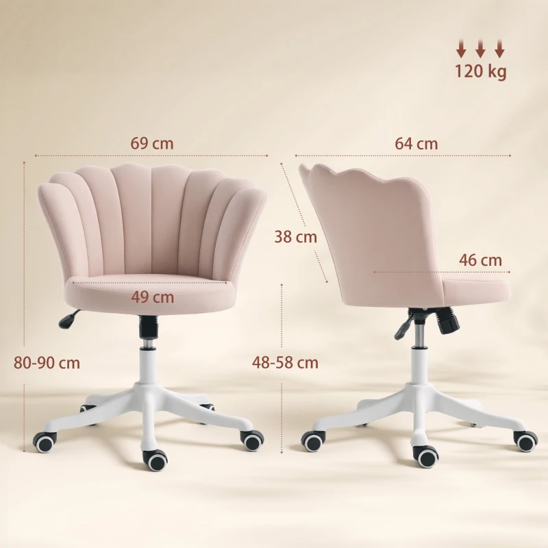 HOMCOM Chaise bureau en velours, chaise coiffeuse avec dossier en pétale, hauteur réglable, 69 x 64 x 80-90 cm, rose