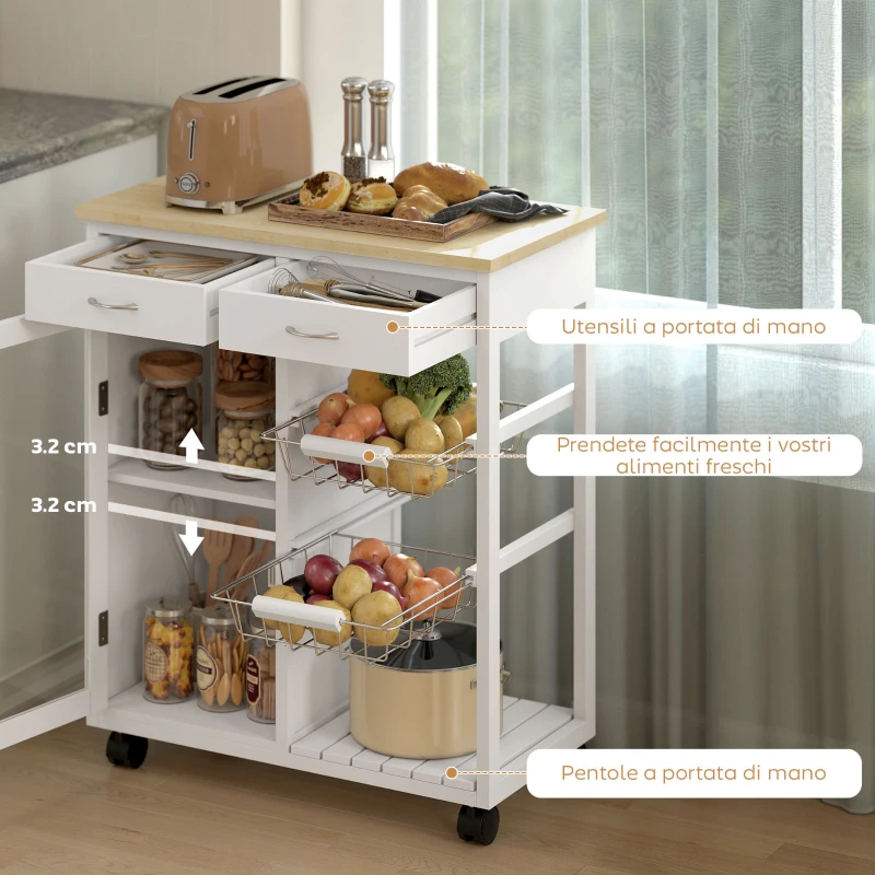 HOMCOM Carrello da Cucina in Bambù con 2 Cassetti, Armadietto, Ripiano e 2 Cestini in Acciaio, 67x35x80 cm, Bianco