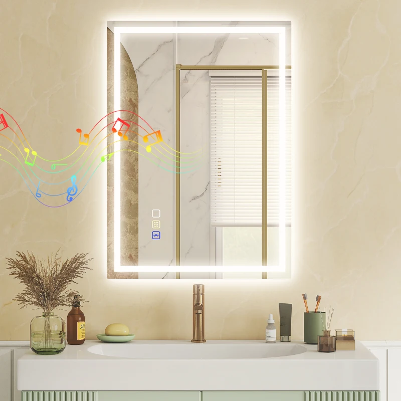 HOMCOM Specchio Bagno Antiappannante con Luce LED Regolabile, Speaker Bluetooth, Pulsanti Touch, 50x70 cm
