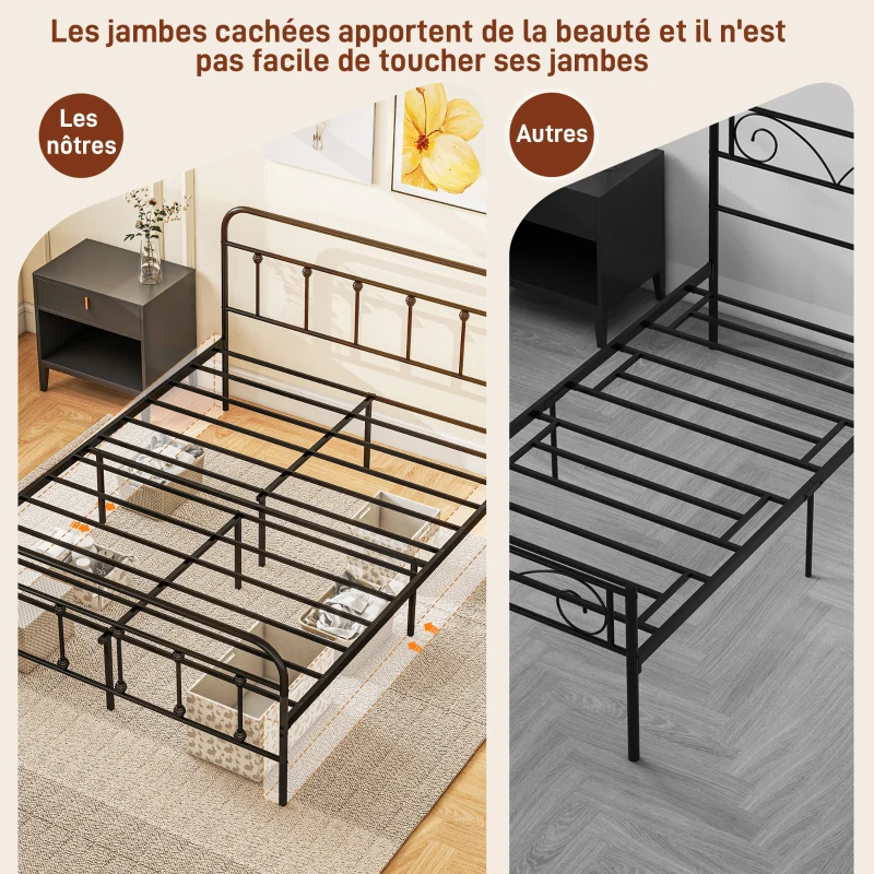 HOMCOM Cadre de lit 140 x 200 cm 2 personnes en acier sommier à lattes tête de lit et pied de lit rangement sous le lit noir