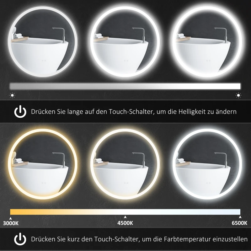 kleankin LED-badkamerspiegel, rond, aanraakfunctie, geheugenfunctie, beslaan niet, aluminium frame, 60 x 60 cm