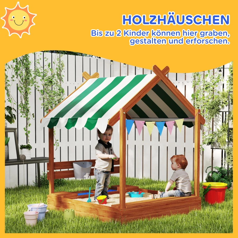Outsunny Zandbak met zonbescherming, speelhuisdesign, met speelgoedset, behandeld massief hout, 124 x 116 x 146 cm, groen