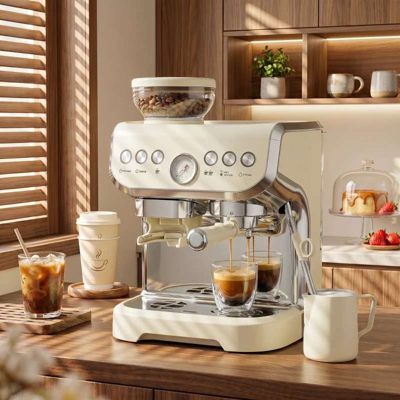HOMCOM 15 Bar Coffee Machine, with Adjustable Grind, Steamer and Accessories - Cream White