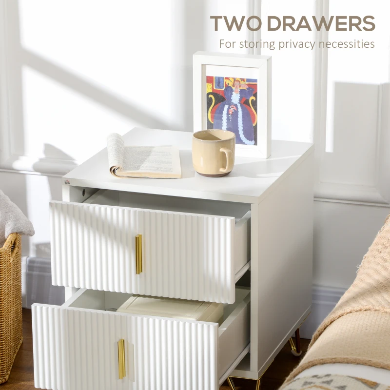 Set of 2 Elegant Fluted Bedside Table - White/Gold-Tone