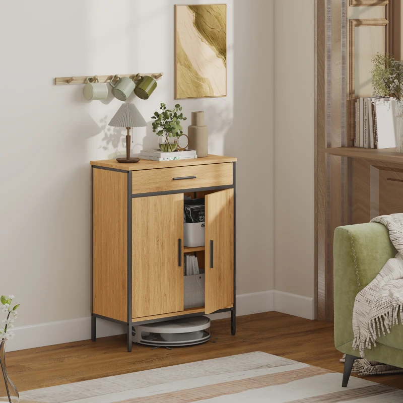 HOMCOM Badkamerkast, tweelagige planken, grote lade, industrieel design, eikenlook