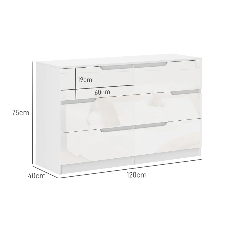 HOMCOM Cómoda com 6 Gavetas Cómoda de Dormitório Moderna com Sistema Anti-Tombo 120x40x75 cm Branco