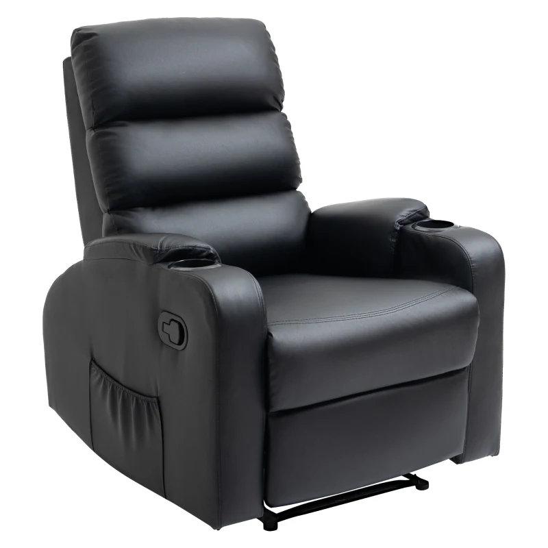 HOMCOM Poltrona Relax Reclinabile Manualmente a 165° con Poggiapiedi, Portabicchieri e Tasca in Finta Pelle, Nero