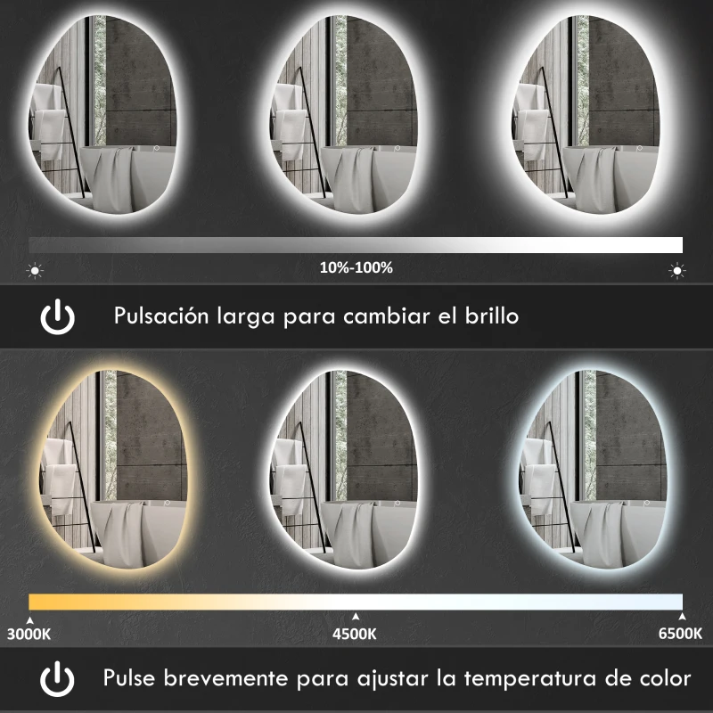 HOMCOM Espejo de Baño con Luz LED 80x60 cm 3 Colores de Luz Brillo Regulable Función Antivaho Función de Memoria IP44